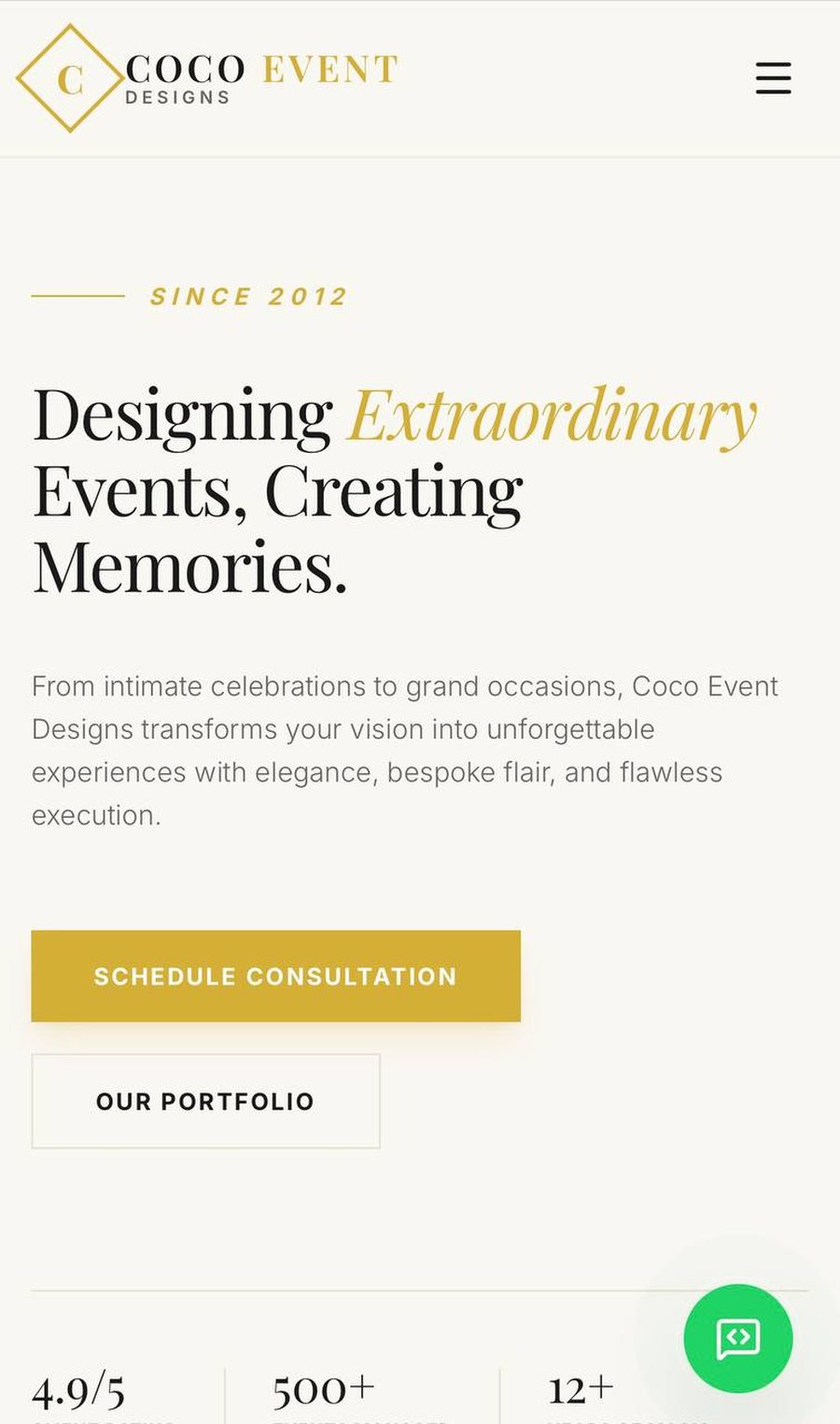 Coco Event Designs website homepage